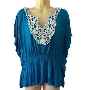 AGB Size S Peacock Blue Knit Top with White Lace Appliqué Elastic Waist